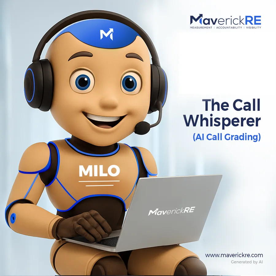 MaverickRE AI coach mascot wearing a headset with a laptop