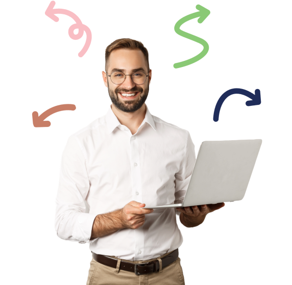 Smiling man in white shirt holding open laptop