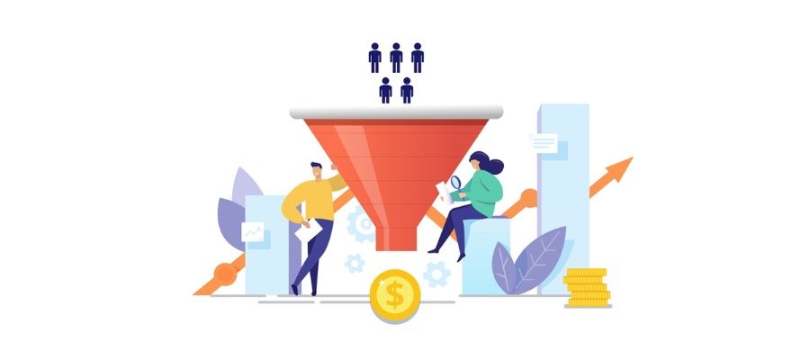 vector art of a funnel with people standing around it and a coin to symbolize lead management automation