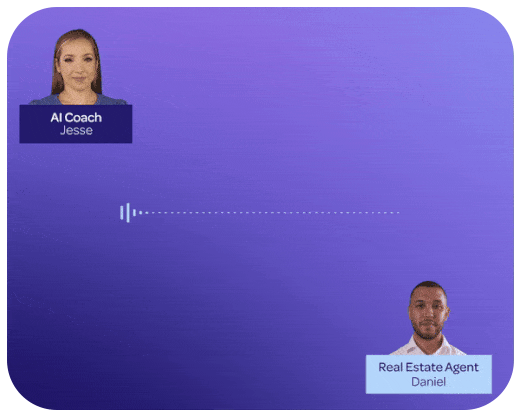 Screenshot of a virtual conversation between an AI Coach named Jesse and a Real Estate Agent named Daniel, with a purple background.